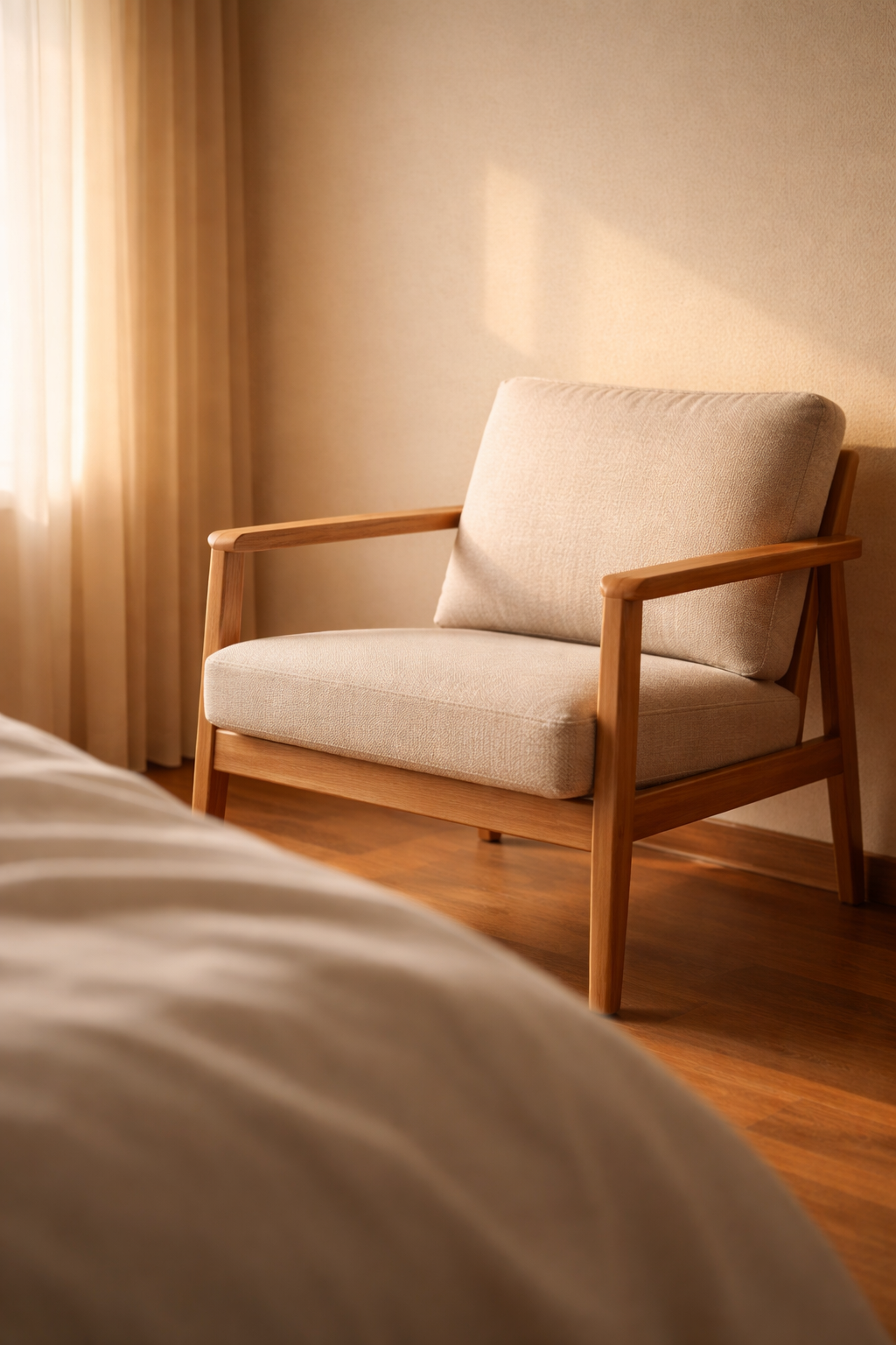 Fauteuil placé près d’un lit symbolisant la présence auprès d’un mourant