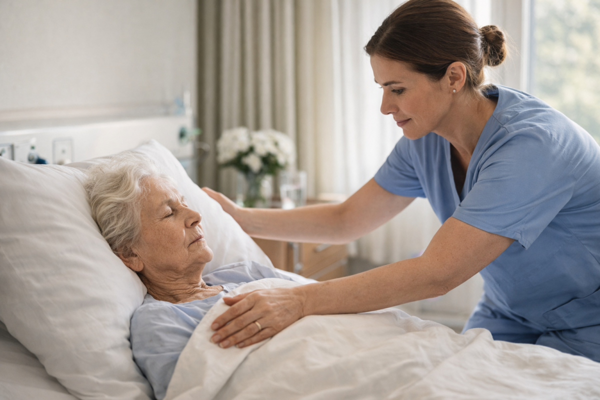 Infirmière prenant soin d’une patiente fatiguée dans son lit.