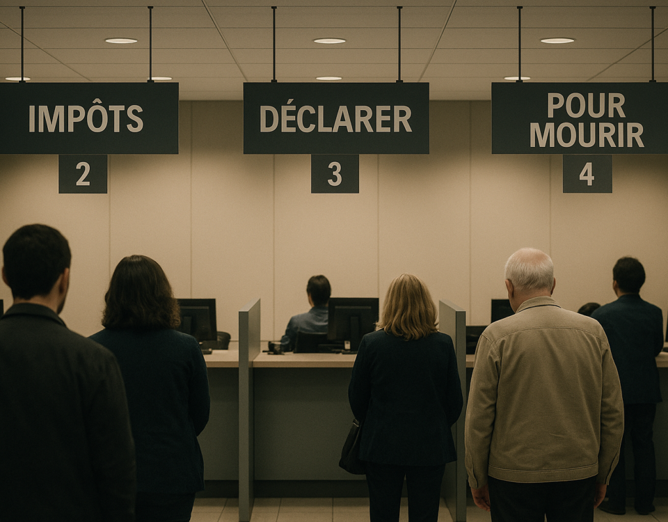 File d’attente devant des guichets administratifs, dont un panneau « Pour mourir », symbolisant la dérive d’un État qui fait de la mort un service public.