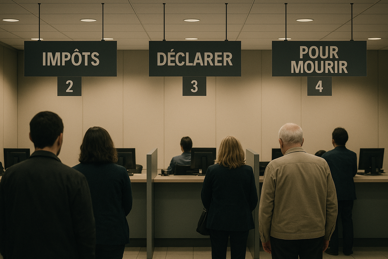 File d’attente devant des guichets administratifs, dont un panneau « Pour mourir », symbolisant la dérive d’un État qui fait de la mort un service public.