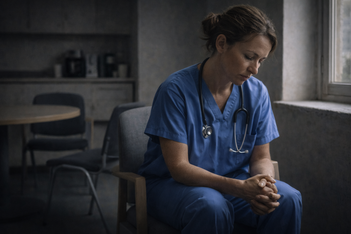 Infirmière assise seule, traversée par un questionnement moral.