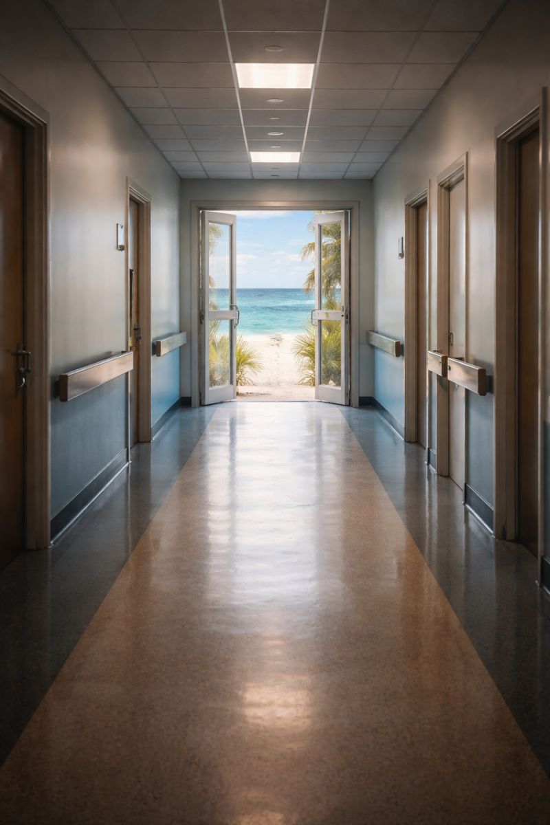 Couloir d’hôpital vide avec une porte entrouverte éclairée