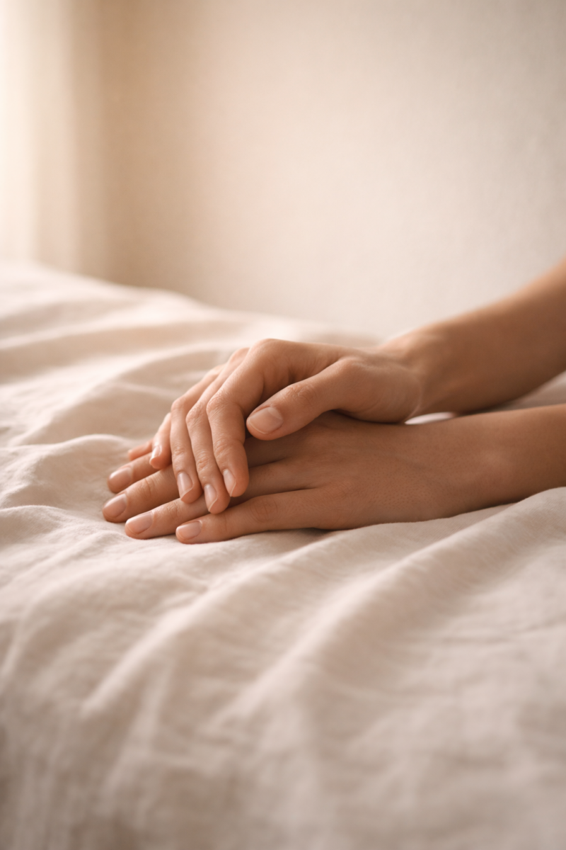 Deux mains qui se tiennent symbolisant la présence en fin de vie