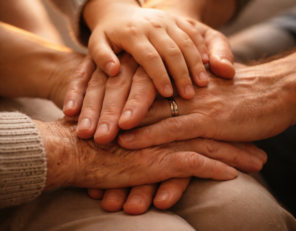 Mains de différentes générations symbolisant la dignité humaine.