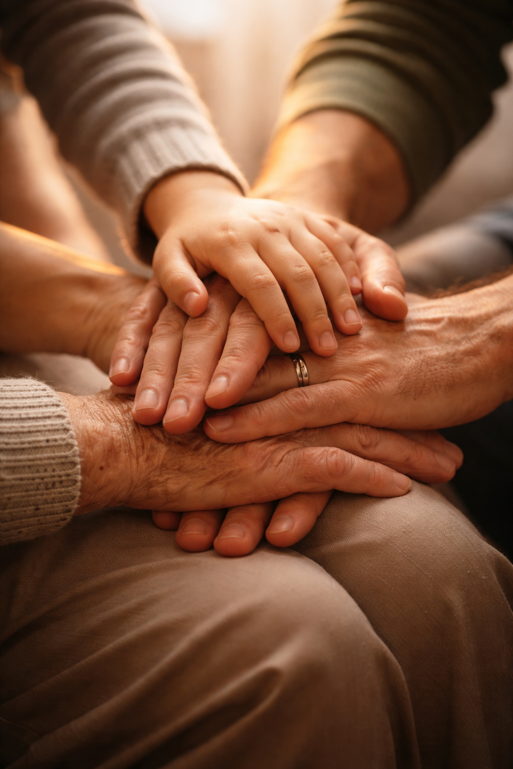 Mains de différentes générations symbolisant la dignité humaine.