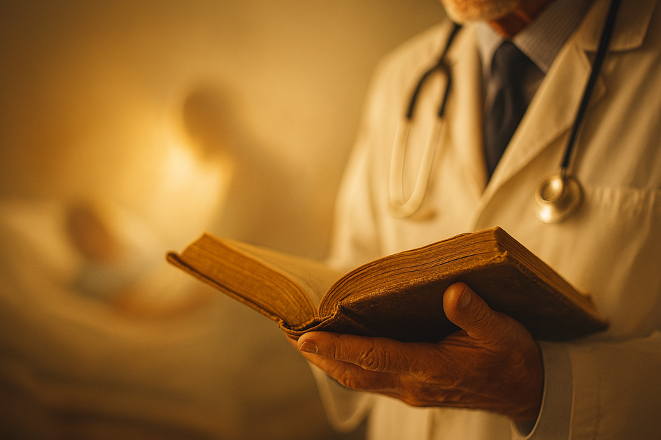 Médecin pensif regardant un patient vulnérable, symbole du dilemme entre soigner ou juger la valeur d’une vie.