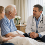 Médecin parlant avec un patient âgé et un proche dans une chambre.