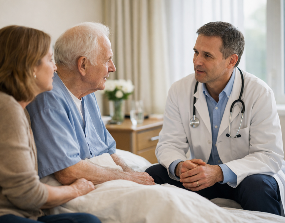 Médecin parlant avec un patient âgé et un proche dans une chambre.