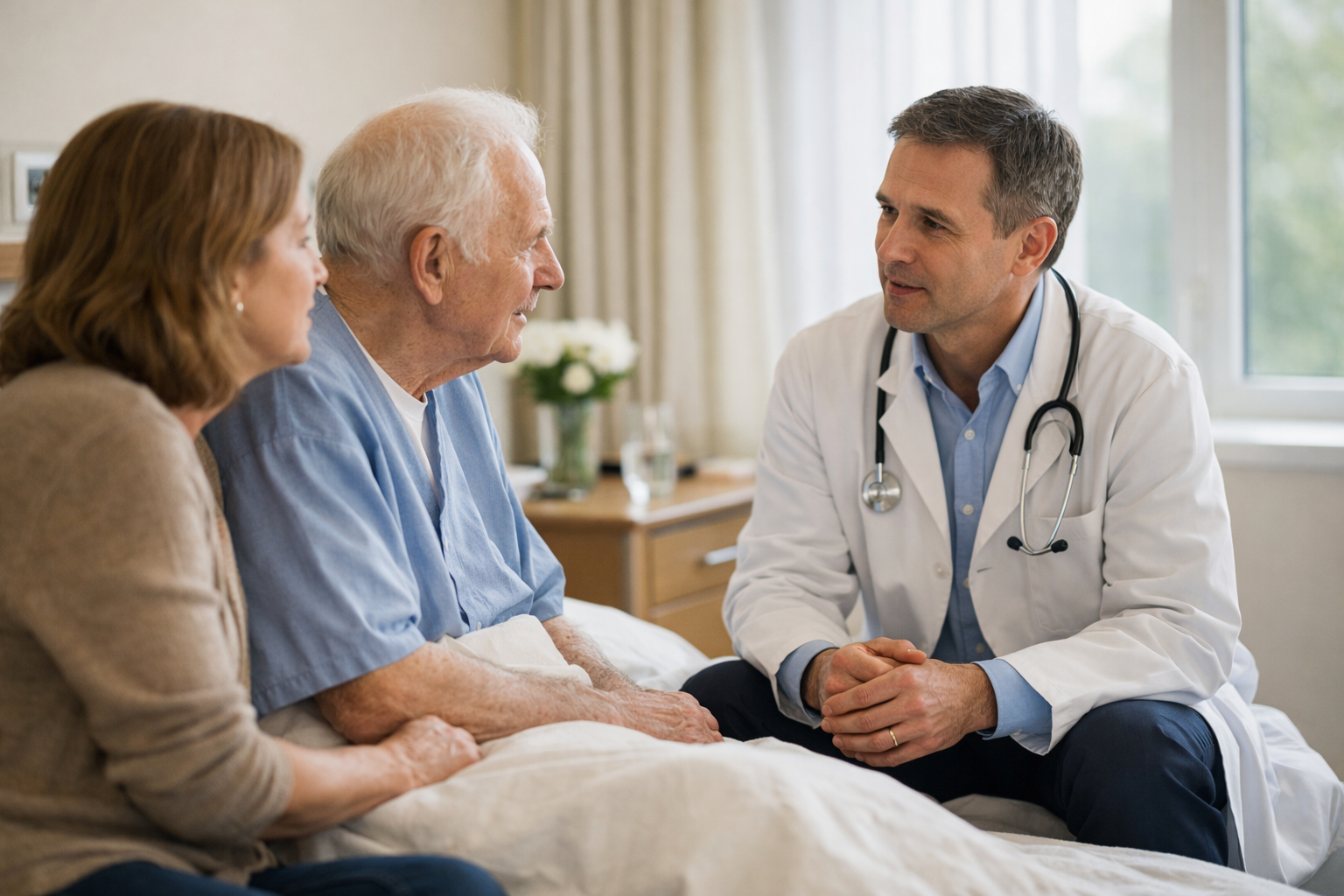 Médecin parlant avec un patient âgé et un proche dans une chambre.