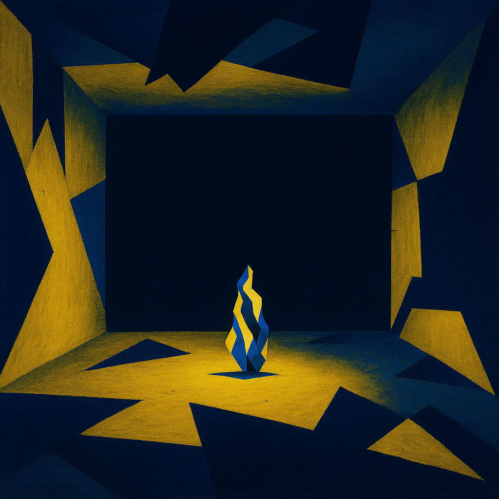 Figure cubiste solitaire dans une pièce sombre, symbole d’une petite espérance fragile.