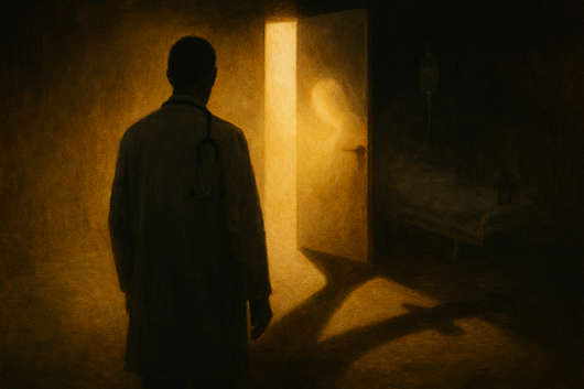 Médecin debout dans un couloir sombre, éclairé seulement par une lumière latérale, symbolisant le risque d’un pouvoir excessif, Hippocrate et euthanasie.