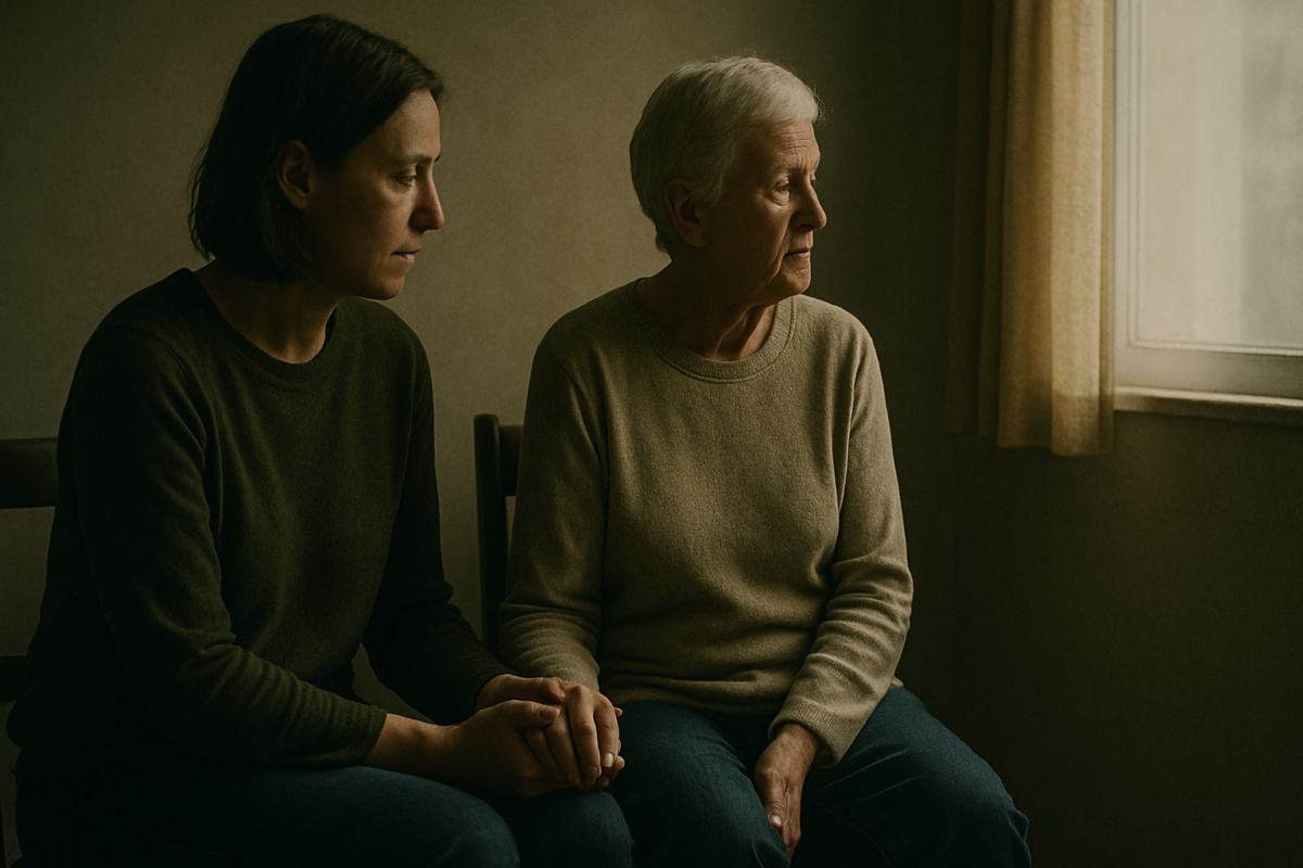 Deux personnes assises côte à côte, silence partagé, geste de présence fidèle.