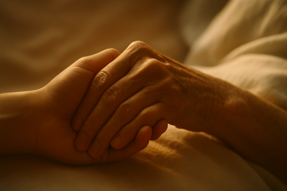 Deux mains serrées dans un geste de présence fidèle en fin de vie, lumière chaude.