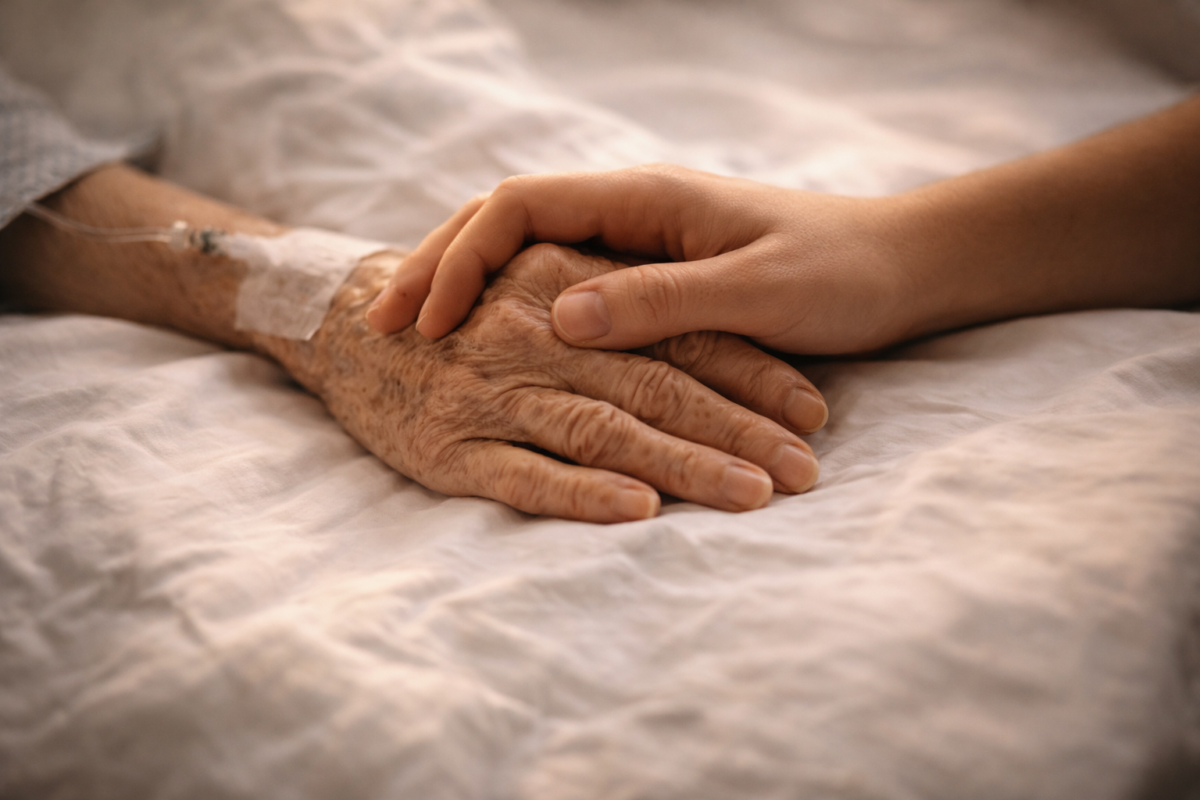 Personne âgée assise seule près d’une fenêtre en fin de journée.