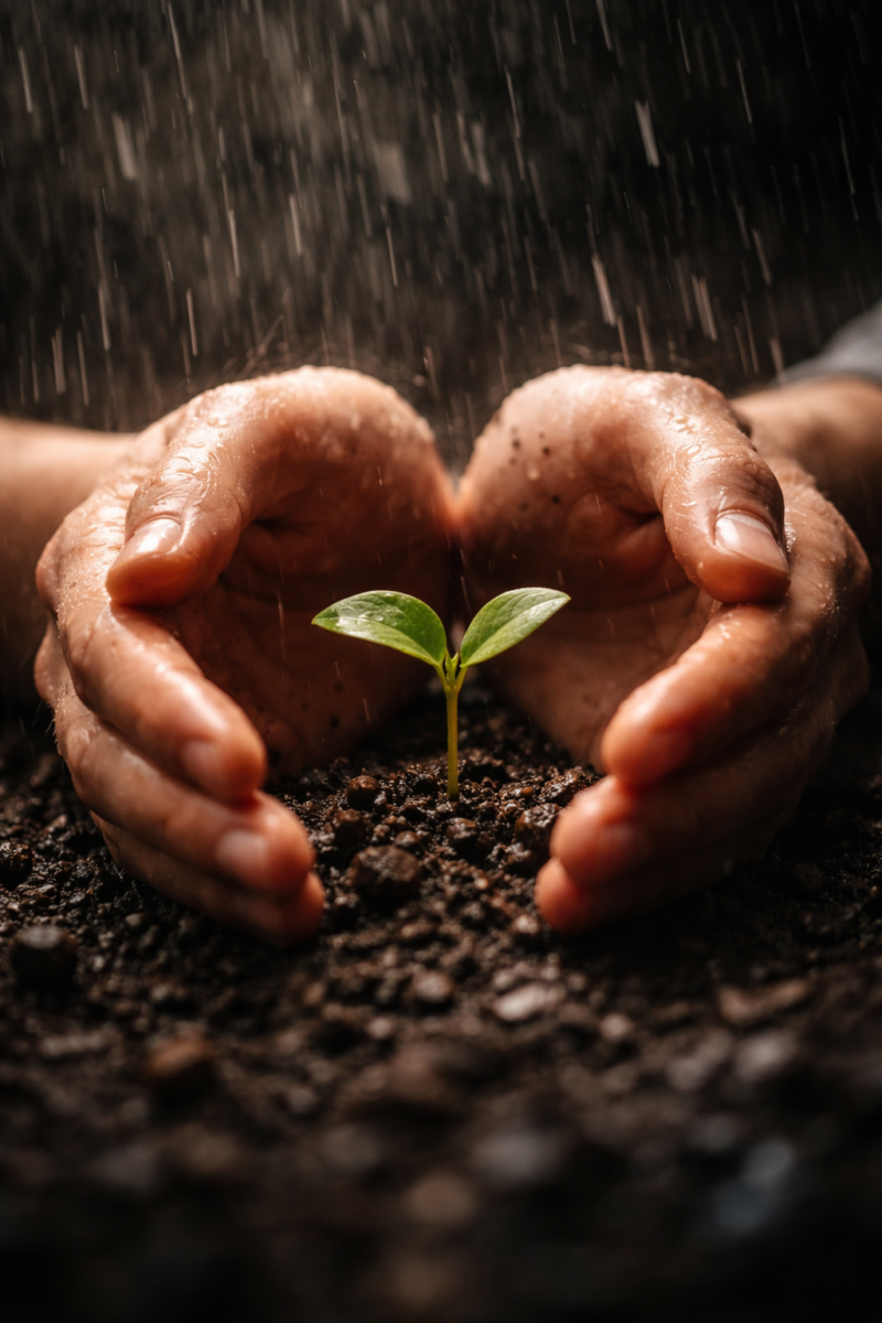 Petite plante fragile protégée par deux mains sous la pluie.