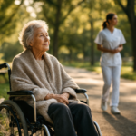 Femme âgée en fauteuil roulant accompagnée dans un parc.