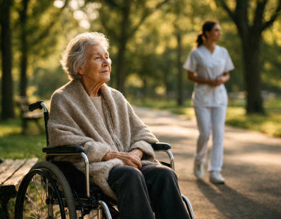 Femme âgée en fauteuil roulant accompagnée dans un parc.