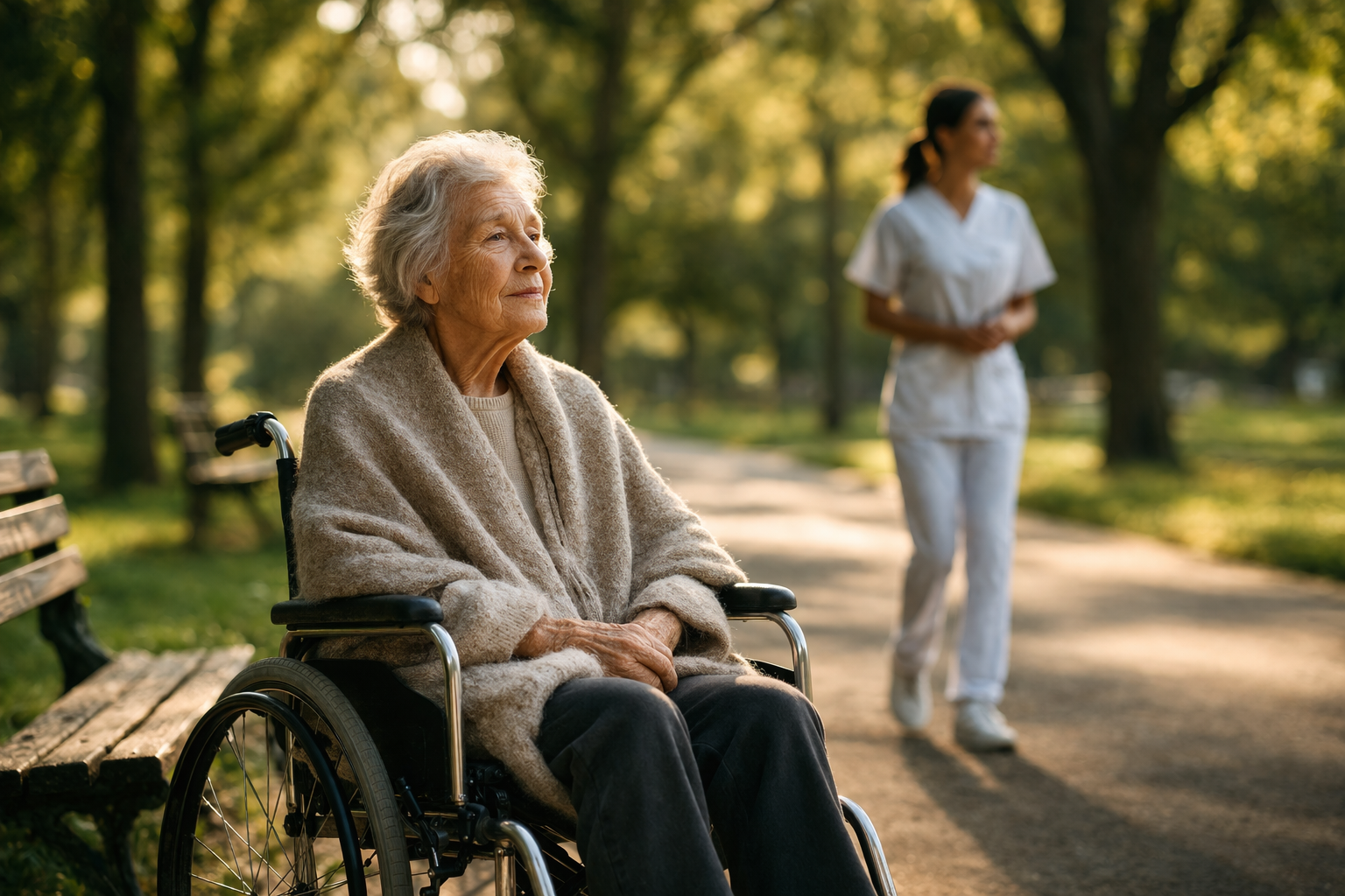 Femme âgée en fauteuil roulant accompagnée dans un parc.
