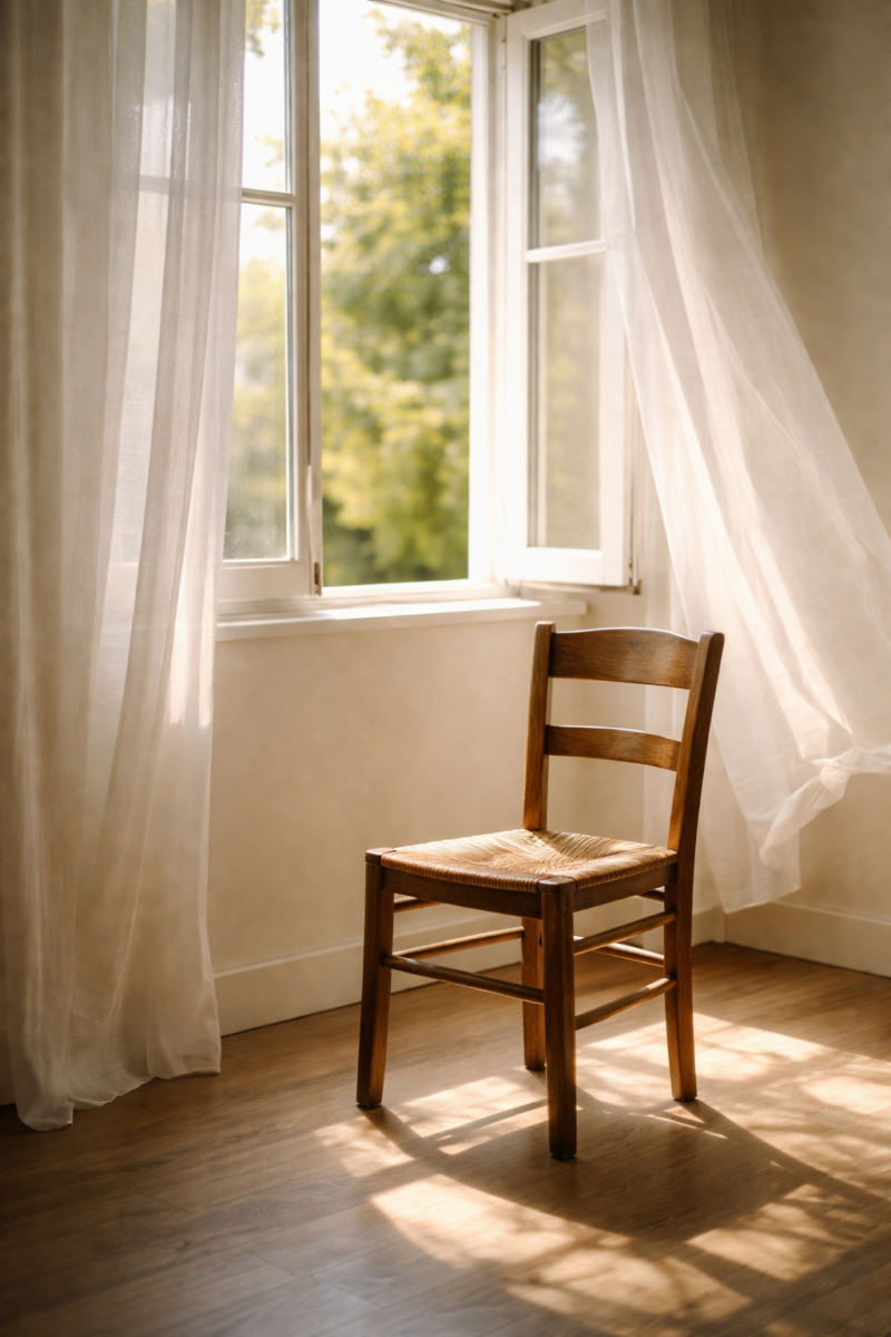 Chaise près d’une fenêtre évoquant la réflexion sur la vie et la mort.