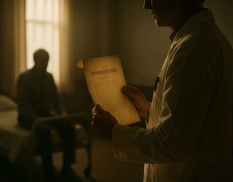 Médecin tenant le serment d’Hippocrate devant un patient, illustrant le dilemme moral de donner ou non la mort.