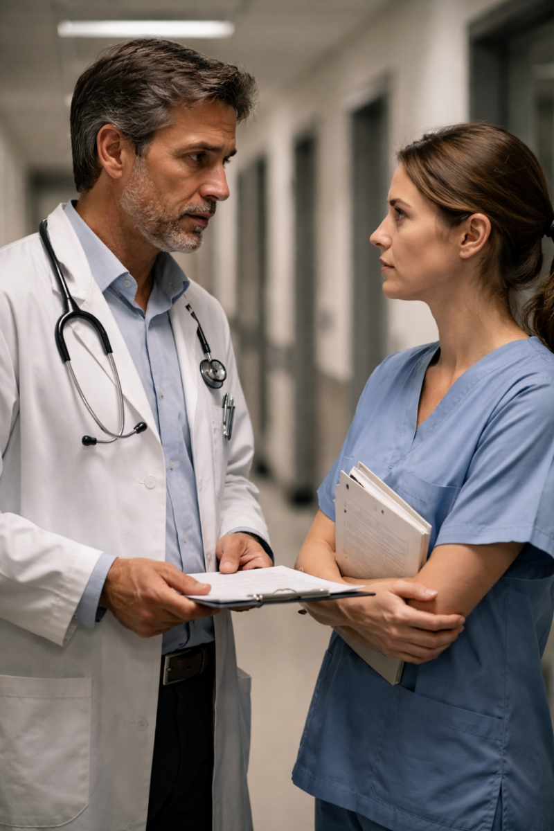 Soignants échangeant dans un couloir sur une décision grave de fin de vie.