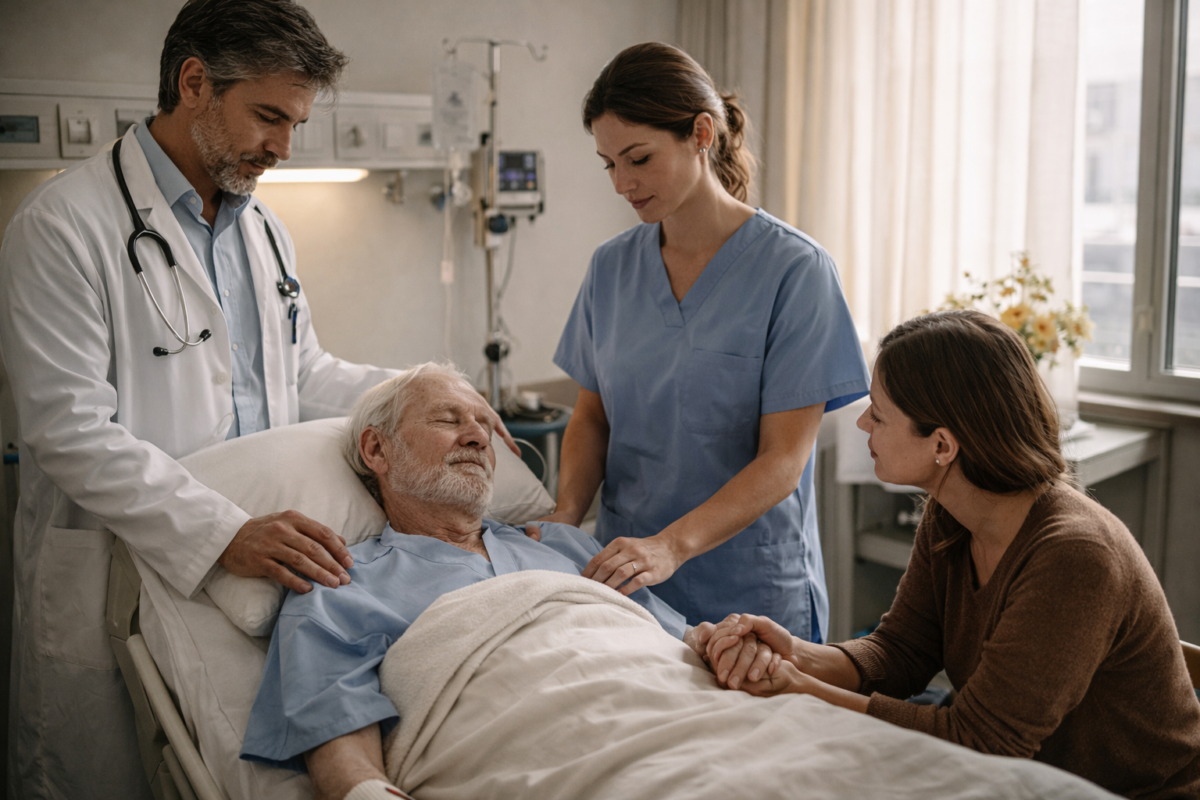 Équipe de soins palliatifs accompagnant un patient avec calme et présence.