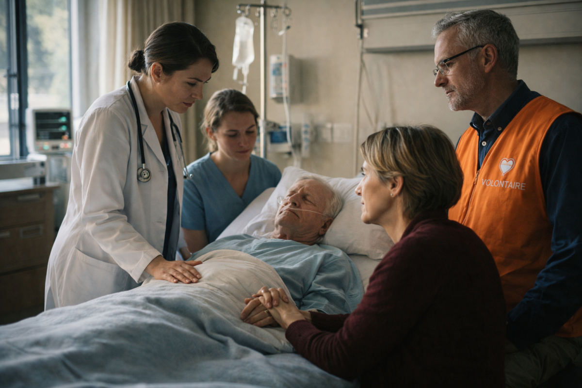 Équipe de soins palliatifs accompagnant un patient avec un proche.