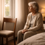 Personne âgée assise seule près d’une fenêtre en fin de journée.