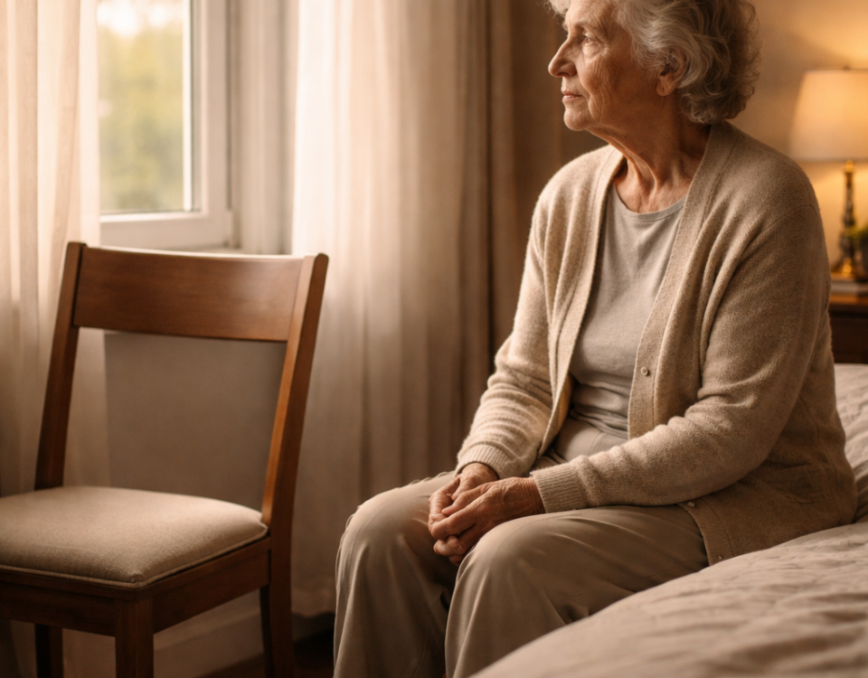 Personne âgée assise seule près d’une fenêtre en fin de journée.