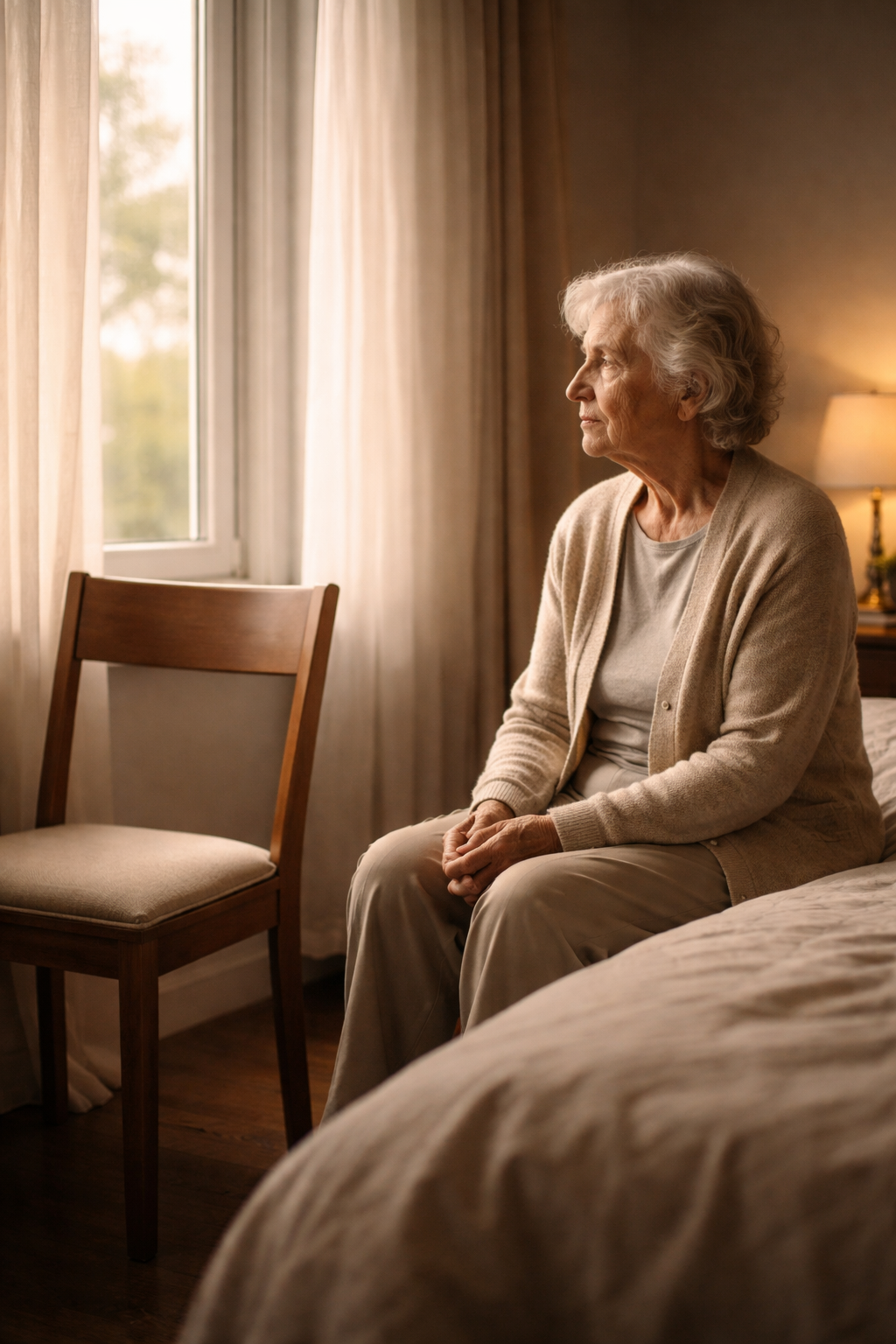 Personne âgée assise seule près d’une fenêtre en fin de journée.