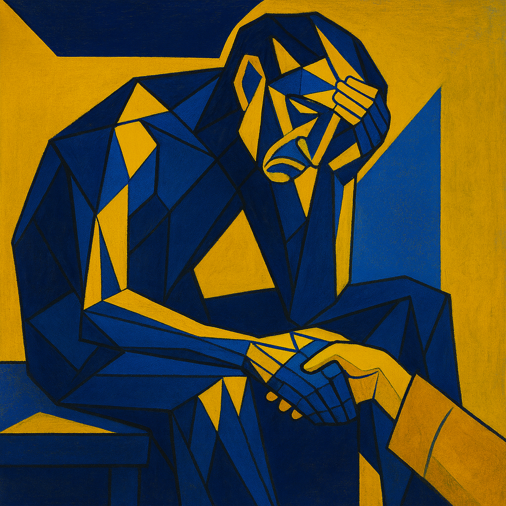 Personne assise en souffrance psychique, main tendue vers elle en soutien, style cubiste. Prompt