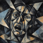 Visage abstrait fragmenté symbolisant la tension intérieure entre désespoir et espérance.