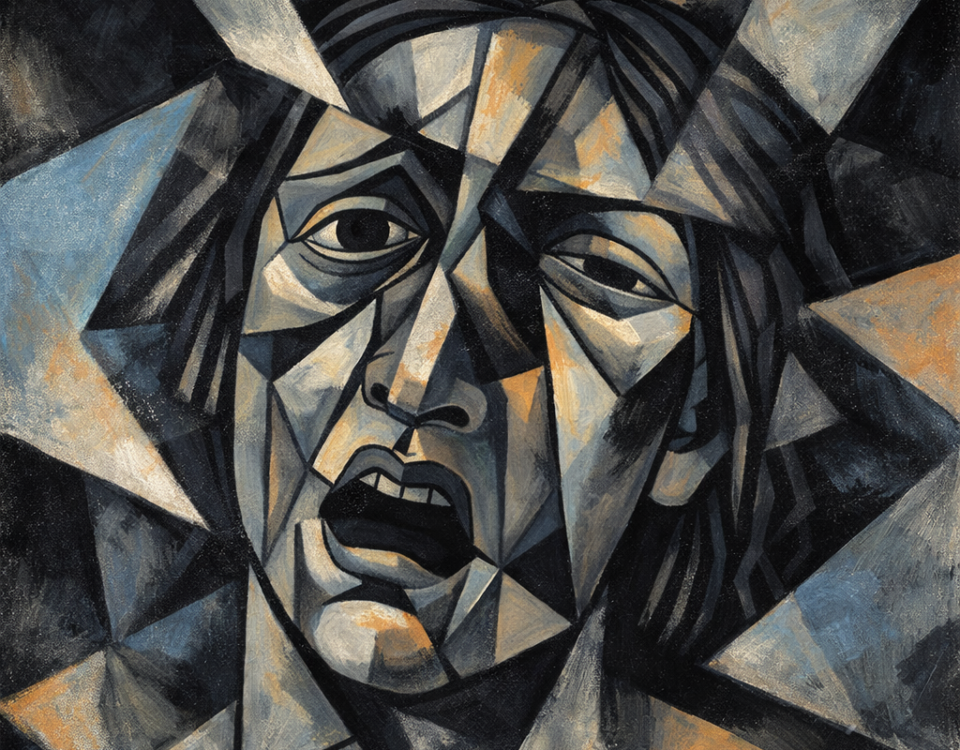 Visage abstrait fragmenté symbolisant la tension intérieure entre désespoir et espérance.