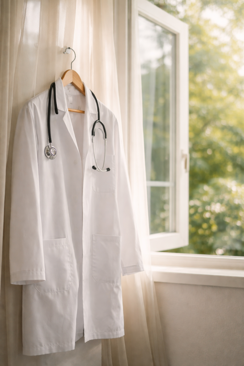 Blouse blanche près d’une fenêtre éclairée.