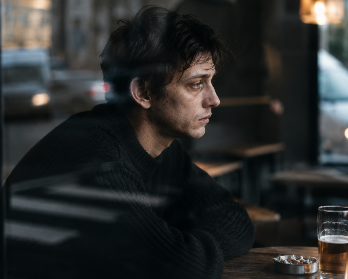 Portrait de profil d'un jeune homme au visage marqué par la dépression, assis seul à l'intérieur d'un café moderne et vu à travers le reflet d'une vitre, illustrant la souffrance psychique et l'isolement dans un style reportage de presse.