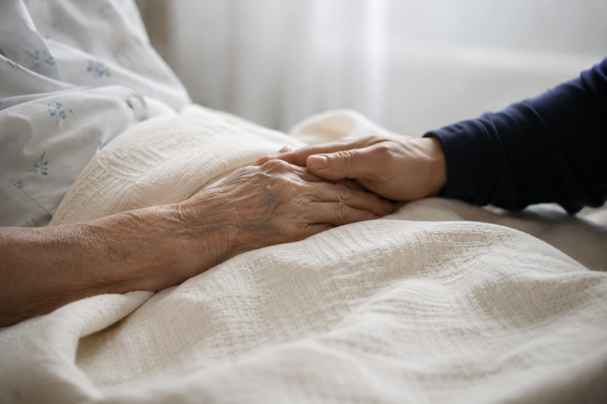 Illustration sobre pour l’article « Peut-on défendre l’euthanasie au nom de la compassion ? Ce que répond la philosophie morale », scène 2 sur la fin de vie et l’accompagnement.