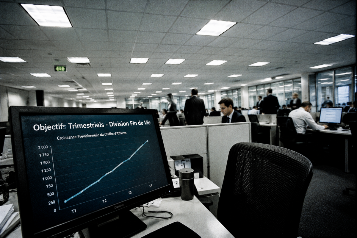 la "banalité du mal" à travers des bureaux de multinationales de l'euthanasie, où la mort n'est qu'une ligne de profit et un graphique de croissance.