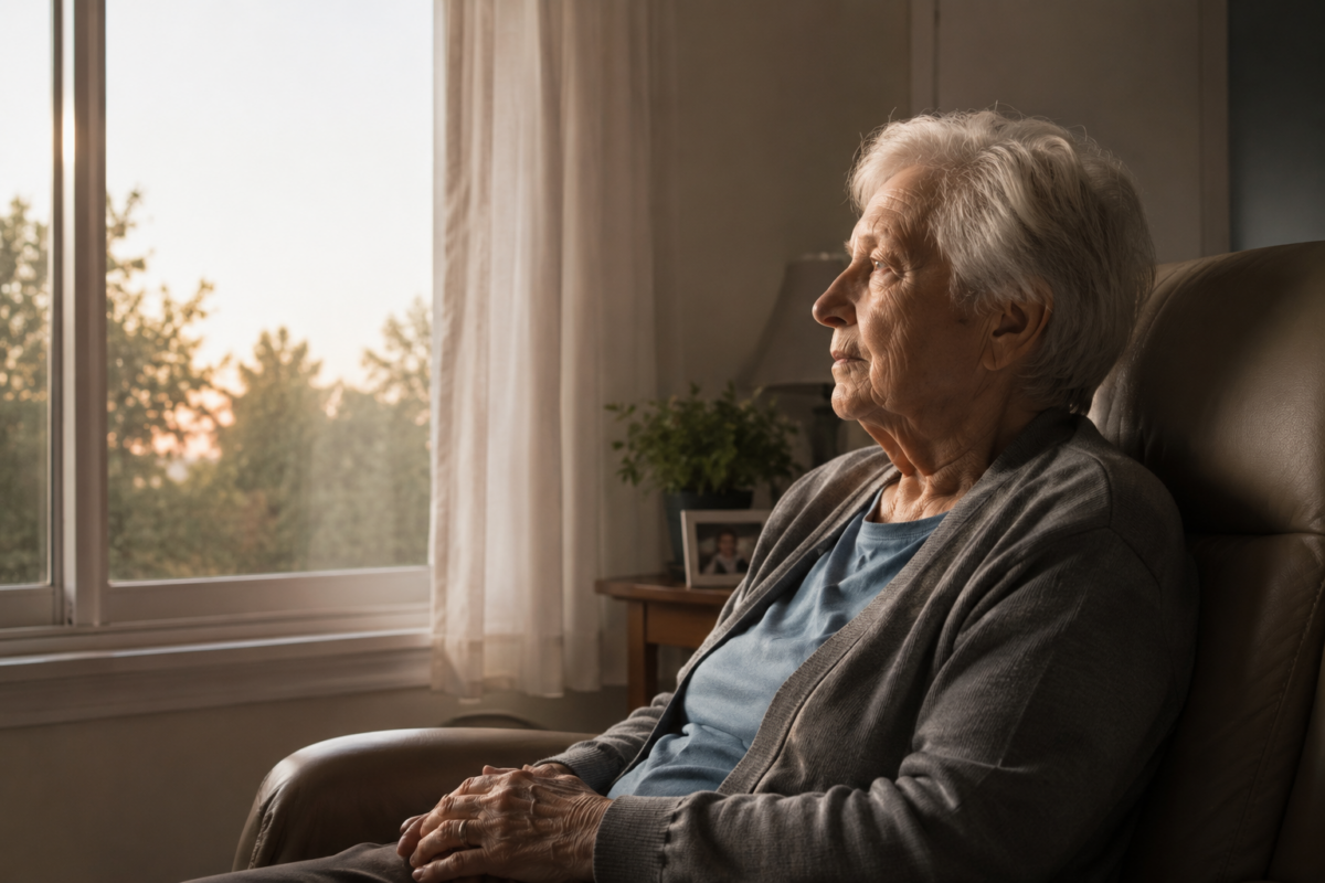 Peur de dépendre : personne âgée assise dans un fauteuil près d’une fenêtre.