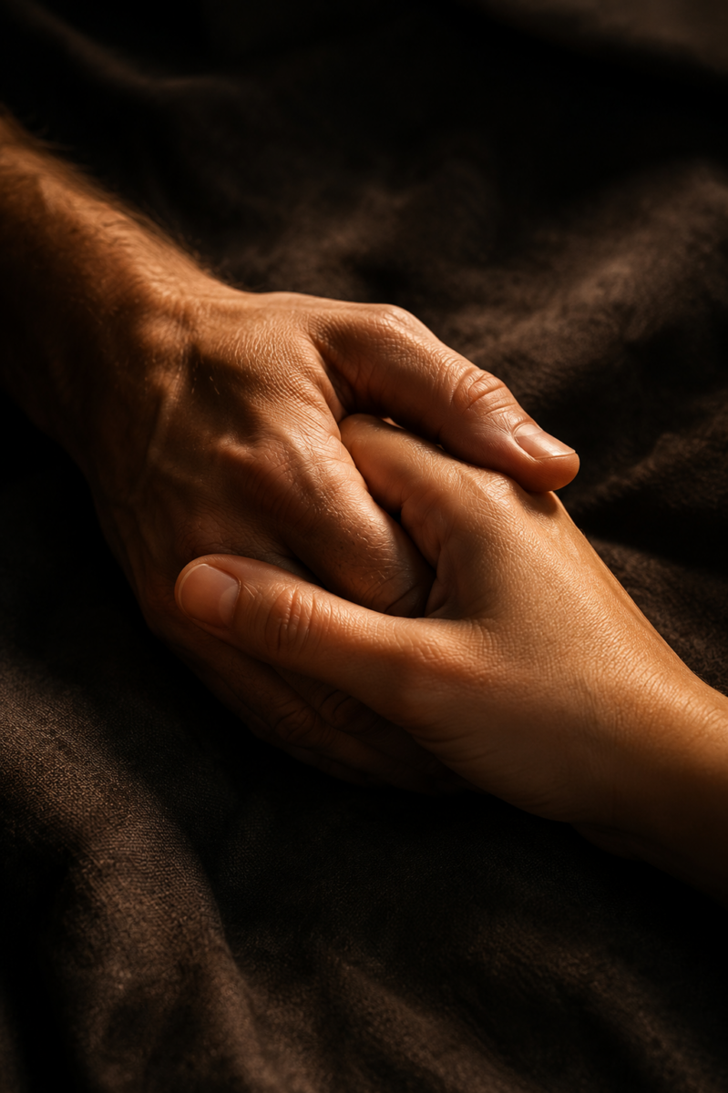 Gros plan sur deux mains unies en soins palliatifs, symbolisant le lien et la présence silencieuse.