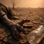 Main affaiblie tendue vers une bouteille d’eau vide sur une terre aride et craquelée.