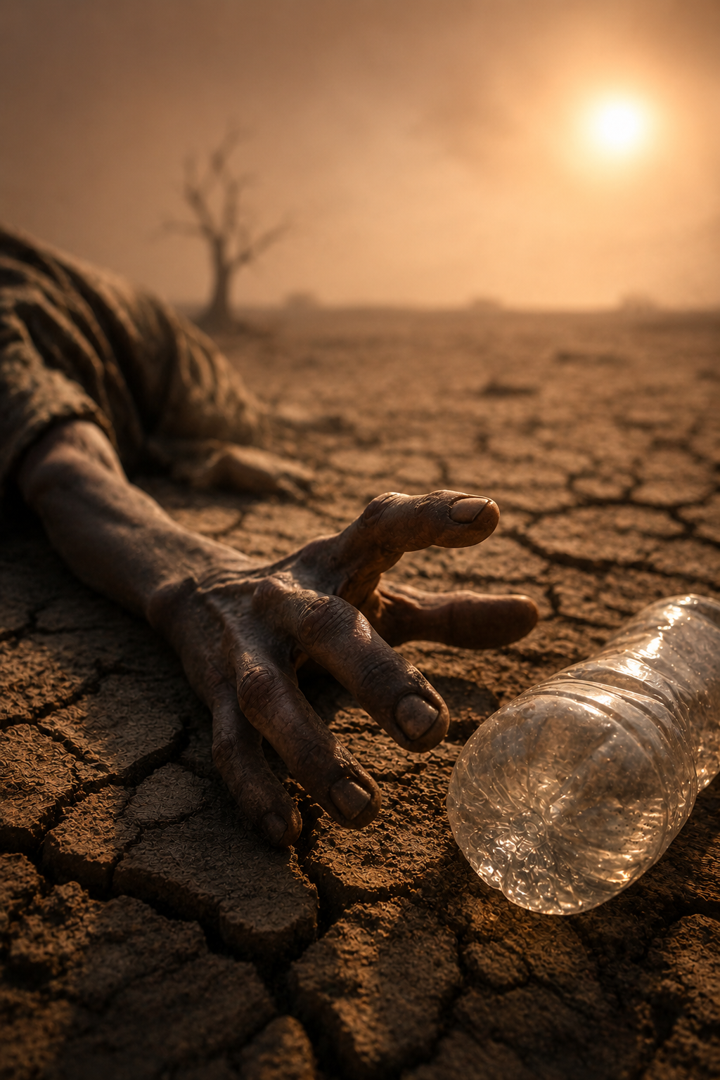Main affaiblie tendue vers une bouteille d’eau vide sur une terre aride et craquelée.