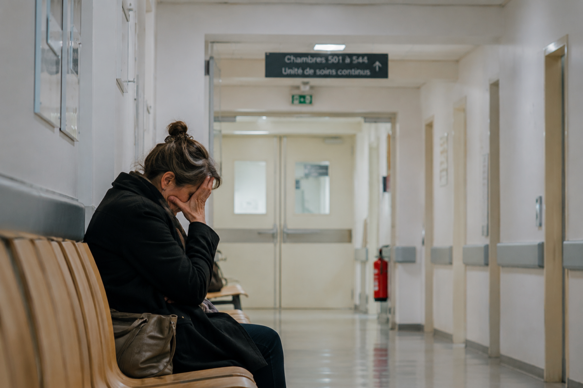 Impuissance face à la souffrance : proche seul dans un couloir.