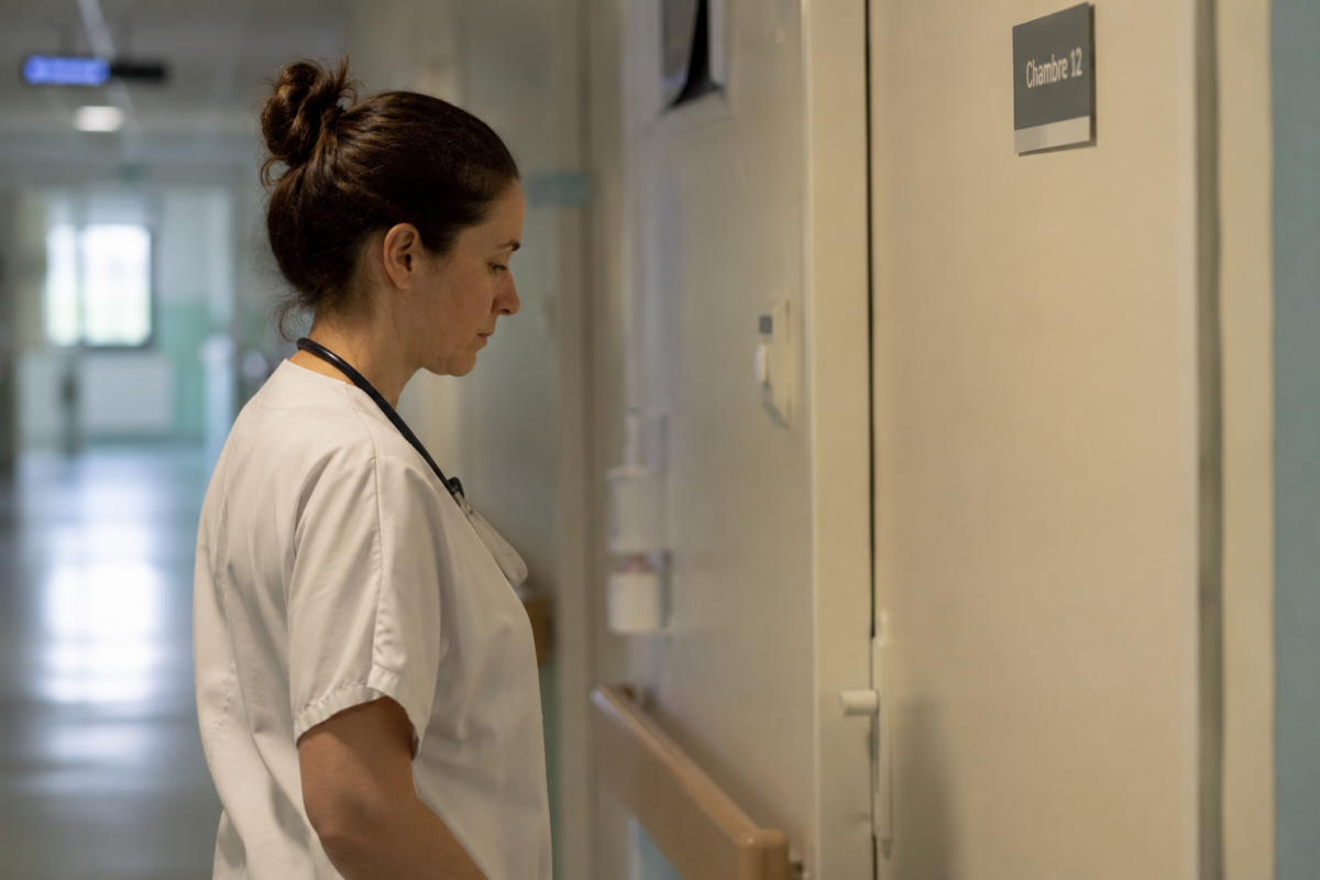 Procédure ordinaire fin de vie : soignant pensif devant une porte.