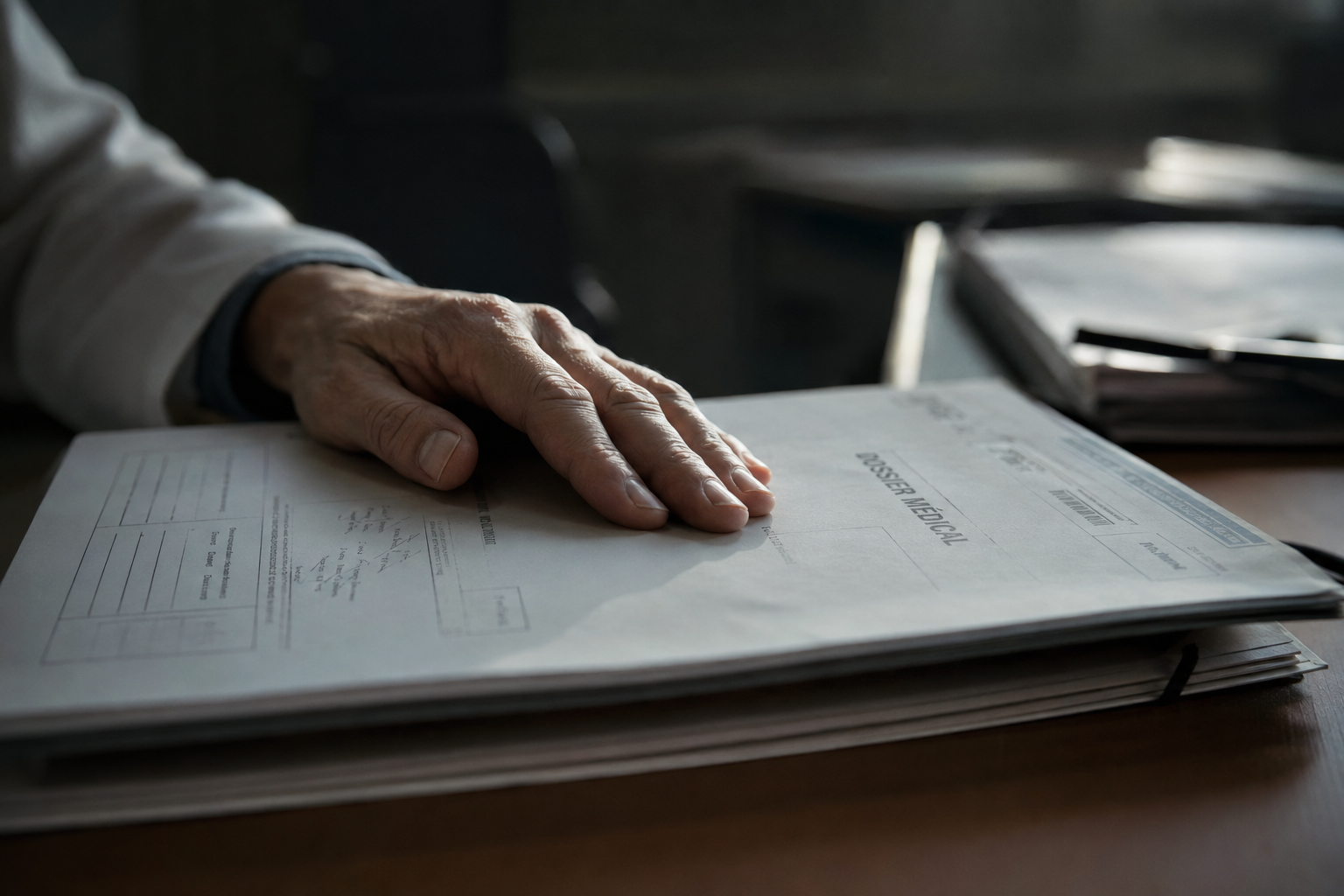 Procédure ordinaire fin de vie : main posée sur un dossier médical.
