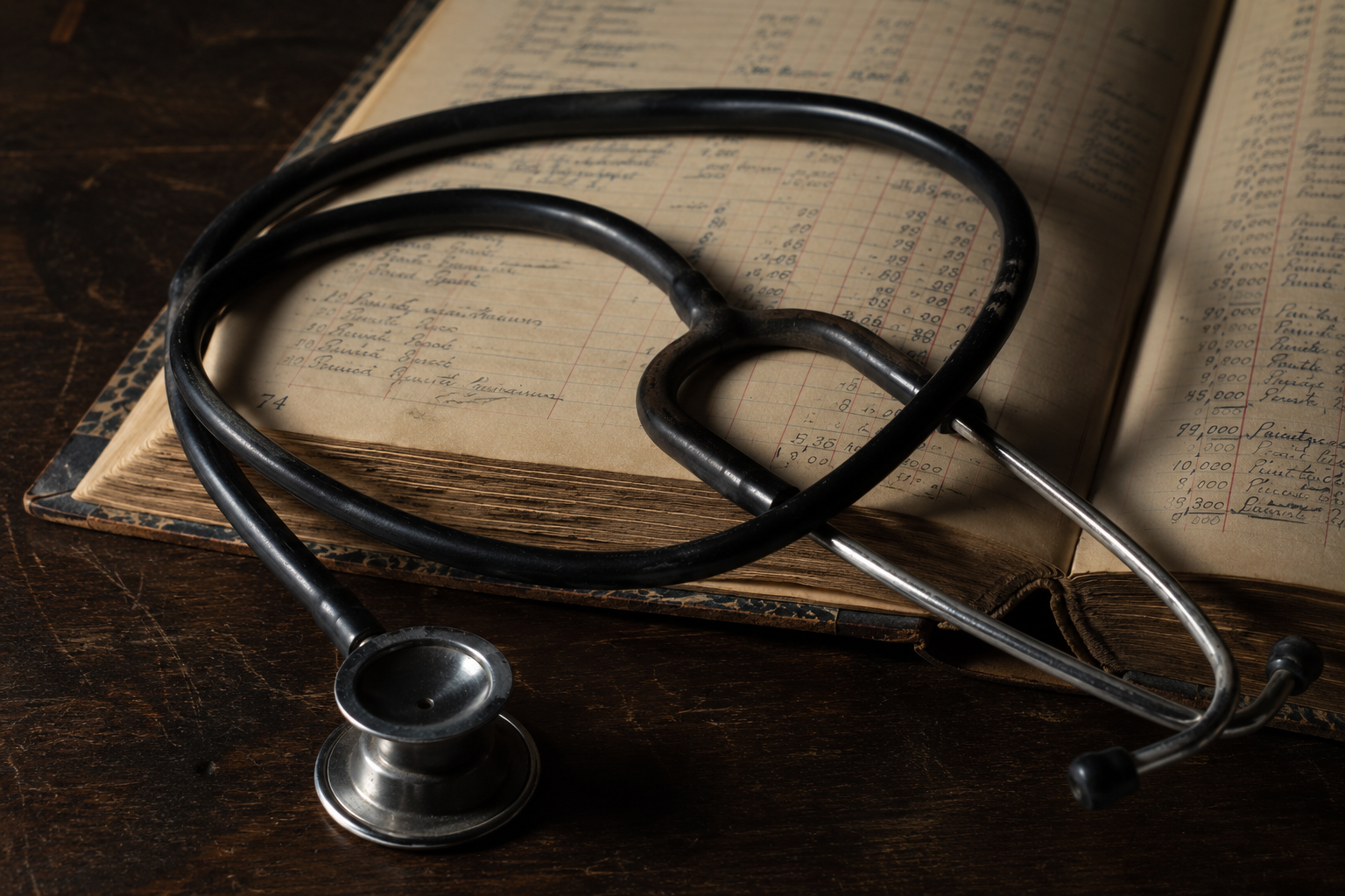 Un stéthoscope posé sur un livre de comptabilité ouvert, symbolisant le conflit des logiques.