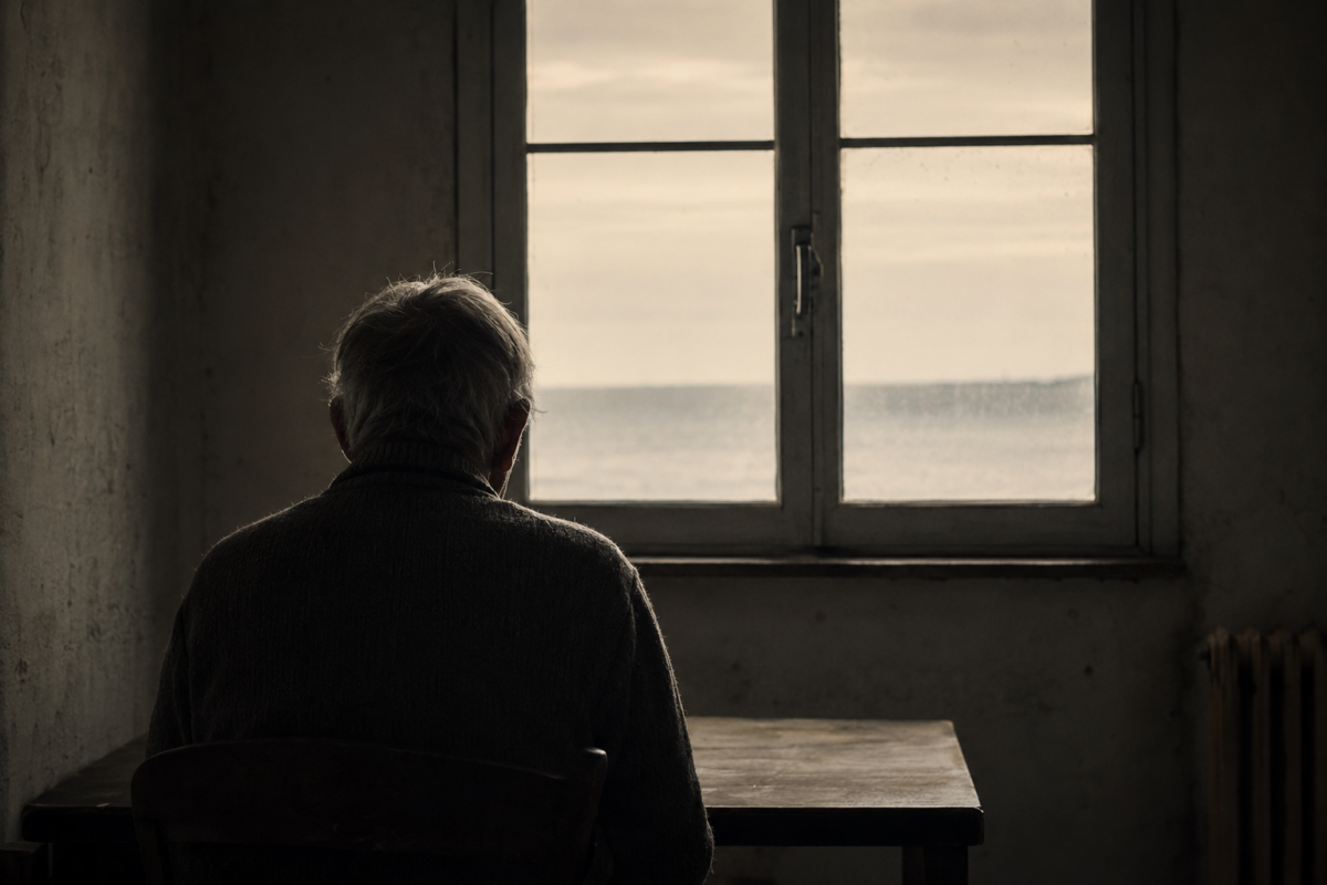 Un homme âgé de dos regardant par la fenêtre d'une chambre d'hôpital épurée