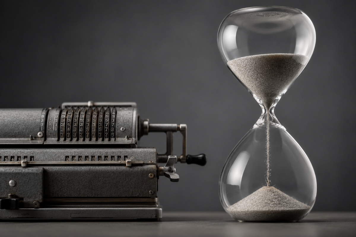 Une calculatrice ancienne à côté d'un sablier dont le sable s'écoule, image métaphorique.
