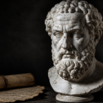 Un buste en marbre antique brisé à côté d'un texte ancien, symbolisant les racines de la pensée occidentale.