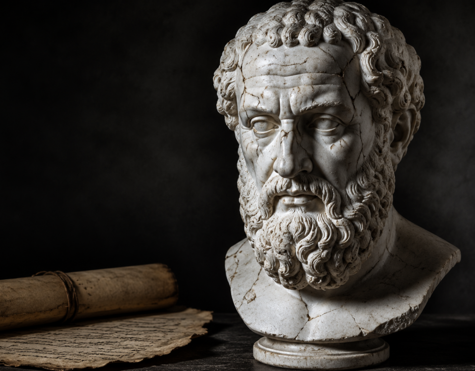 Un buste en marbre antique brisé à côté d'un texte ancien, symbolisant les racines de la pensée occidentale.