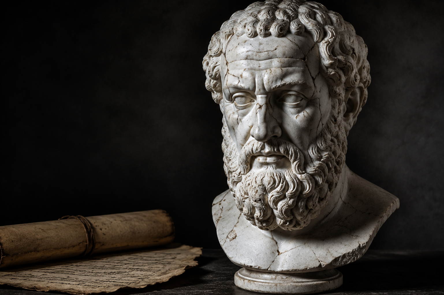 Un buste en marbre antique brisé à côté d'un texte ancien, symbolisant les racines de la pensée occidentale.